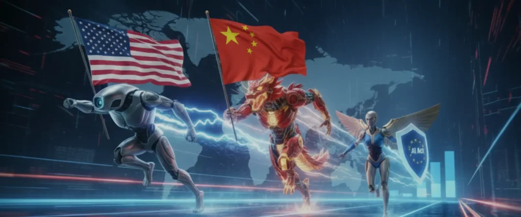 Course mondiale à l’intelligence artificielle entre États-Unis, Chine et Europe, illustrant les enjeux géopolitiques et de souveraineté numérique