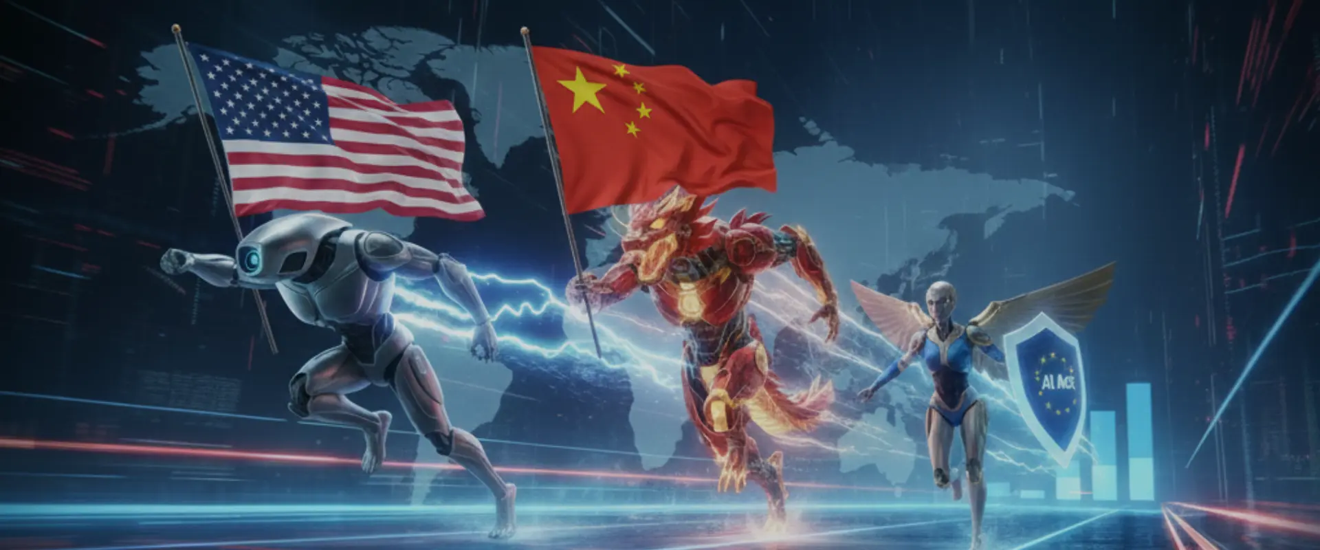 Course mondiale à l’intelligence artificielle entre États-Unis, Chine et Europe, illustrant les enjeux géopolitiques et de souveraineté numérique