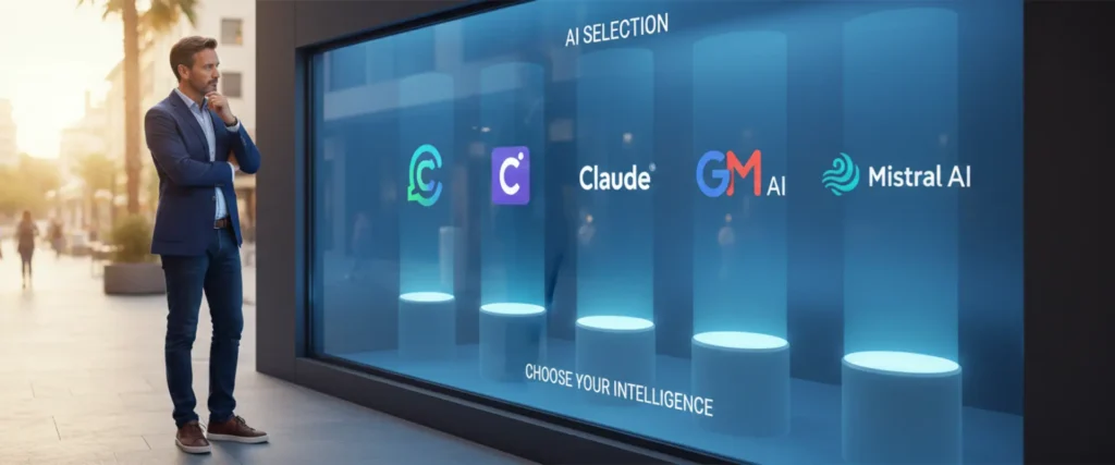 Dirigeant comparant ChatGPT, Claude, Gemini et Mistral pour choisir la meilleure IA pour sa TPE ou PME