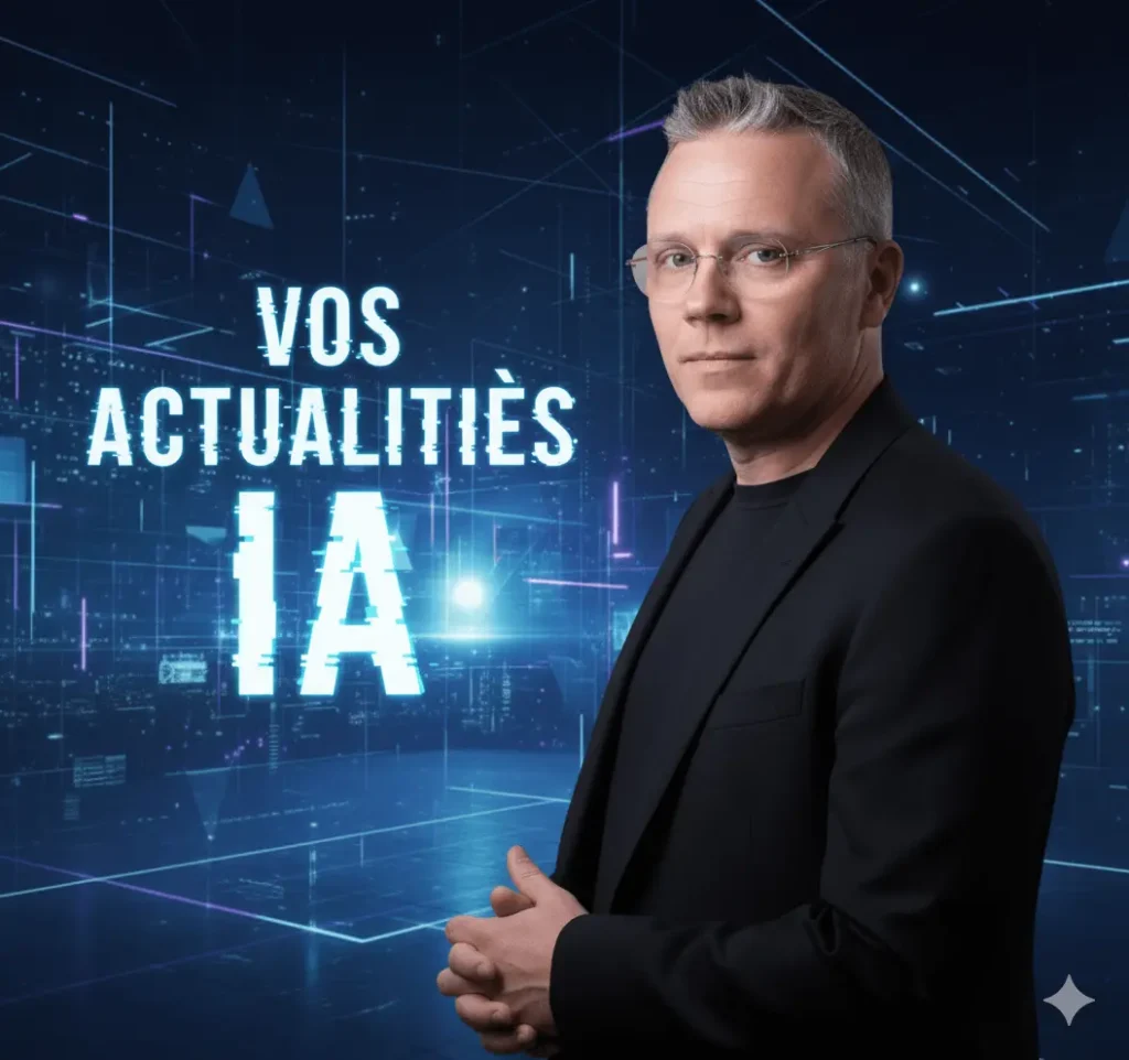 Expert en intelligence artificielle présentant les actualités IA dans un univers digital professionnel