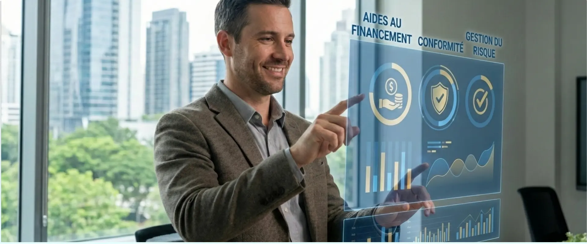 Dirigeant de TPE/PME utilisant un tableau de bord IA sur le budget, les aides au financement, la conformité et la gestion du risque.