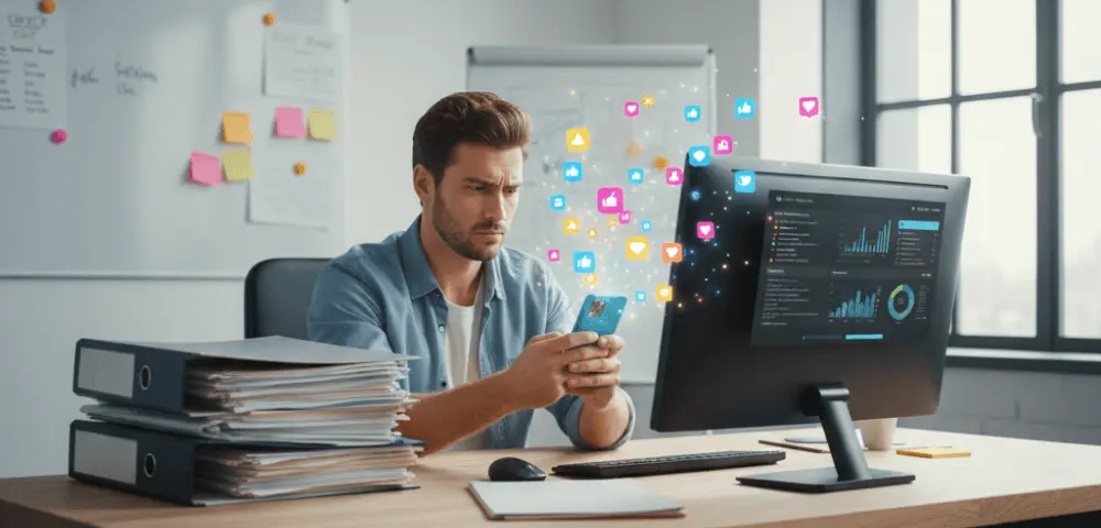 Dirigeant TPE/PME perdant du temps sur les réseaux sociaux avant automatisation IA