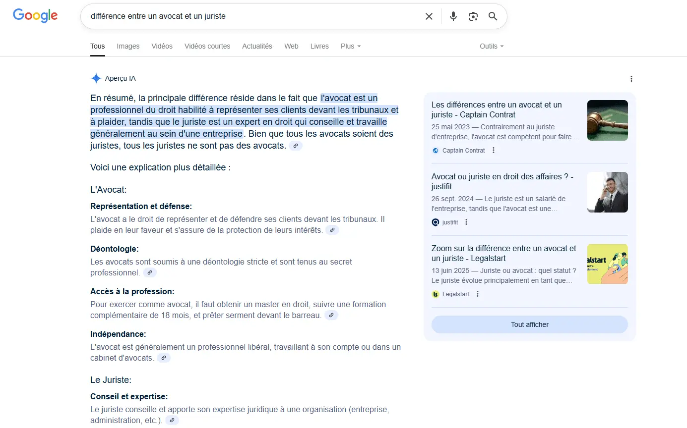 Résultats de recherche Google après l’intégration des AI Overviews montrant une réponse générée par l’IA réduisant les clics vers les sites web
