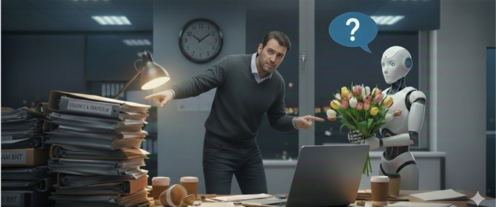 Dirigeant de TPE débordé par l’administratif, frustré par une mauvaise utilisation de l’intelligence artificielle, illustrant la perte de temps liée à une IA mal utilisée en entreprise