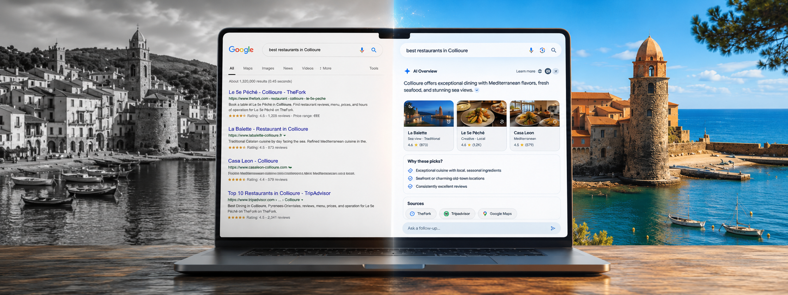 Ordinateur avec écran séparé en deux avec google recherche et Google Overviews ouvert de chaque côté.