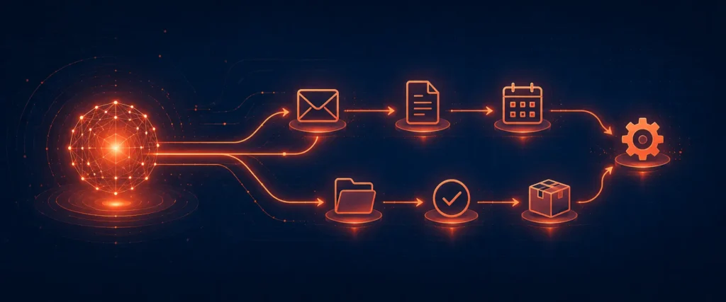 Illustration d'un agent IA représenté par un noyau lumineux relié par des lignes corail à plusieurs icônes de tâches d'entreprise (email, facture, agenda, engrenage), sur fond bleu nuit, symbolisant l'enchaînement automatique d'actions.