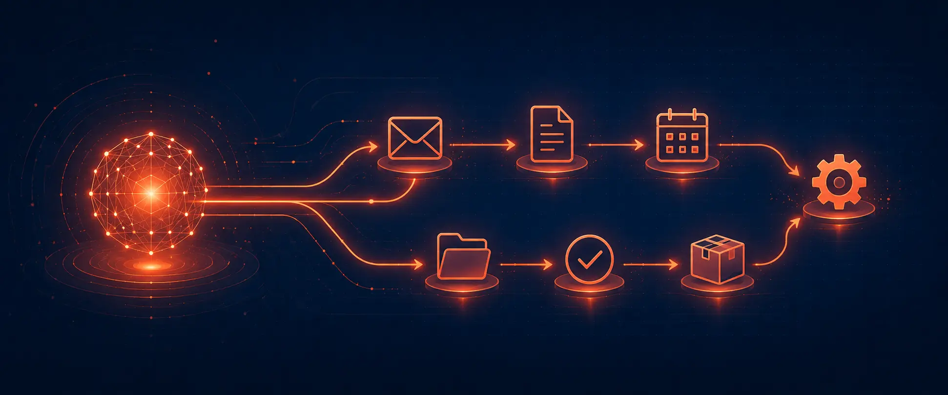 Illustration d'un agent IA représenté par un noyau lumineux relié par des lignes corail à plusieurs icônes de tâches d'entreprise (email, facture, agenda, engrenage), sur fond bleu nuit, symbolisant l'enchaînement automatique d'actions.