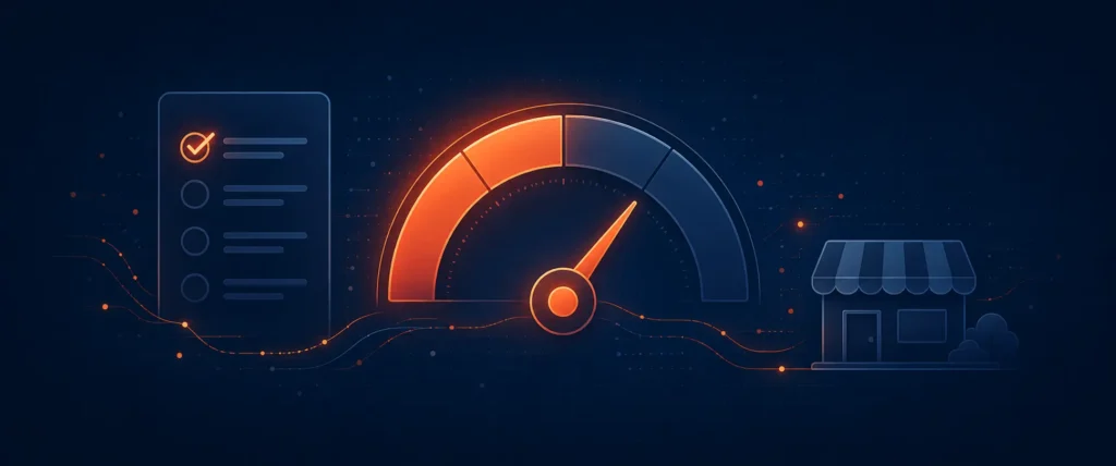 Jauge de maturité IA à moitié remplie sur fond bleu nuit, avec une coche corail, illustrant l'auto-évaluation gratuite d'une TPE-PME avec l'outil du G7 et de l'OCDE.